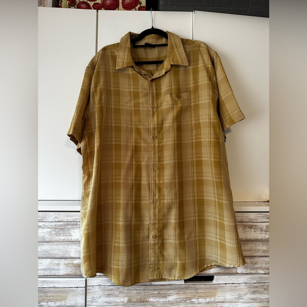 👕 R&R Casual Plaid Button Front Shirt Men’s XXL Mustard Yellow Short Sleeve